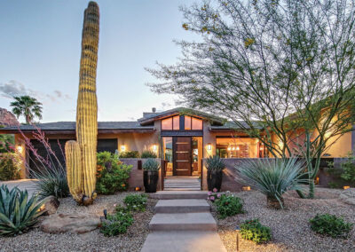 Sonoran desert landscaping in front yard looking at front door